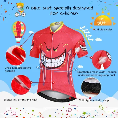 Vista 7 de FREE FISHER Maillot de ciclismo para niños, de manga corta, de dibujos animados, para bicicleta de montaña, conjunto de camiseta y pantalones cortos