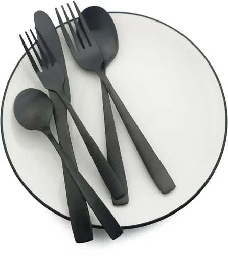 Vista 5 de JASHII Juego de cubiertos de acero inoxidable negro mate, cubiertos cuadrados para 4, utensilios de cocina, restaurante, fiesta, comer, vajilla
