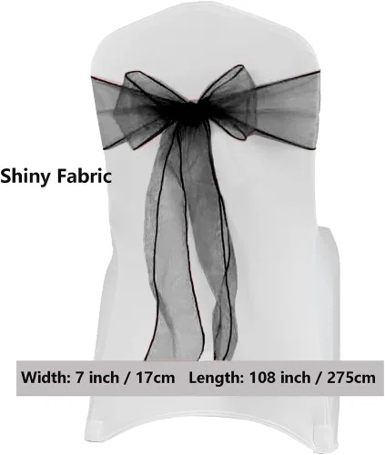 Vista 5 de Paquete de 50 bandas para sillas de organza negra, lazos para silla para decoración de fiestas, bodas, conferencias, sillas de gasa universales