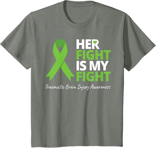 Vista 33 de Camiseta con cinta verde de la conciencia de la TBI, con texto en inglés "Her Fight Is My Fight" Jaspeado Oscuro