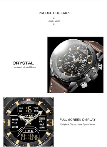 Vista 4 de NAVIFORCE Reloj deportivo digital para hombre, de cuero, cuarzo, impermeable, militar, cronógrafo, despertador, relojes de pulsera