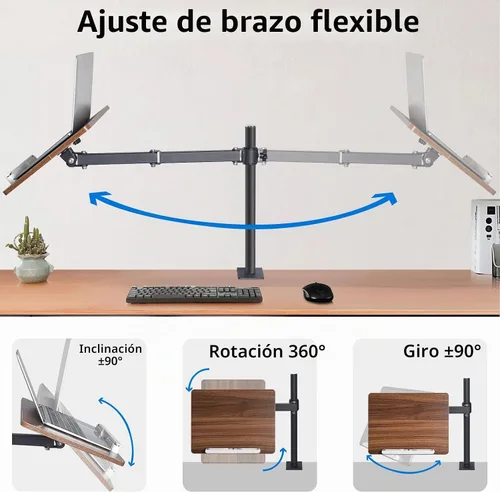 Vista 5 de Soporte de libro ajustable con soporte de abrazadera de escritorio, soporte de lectura de madera con brazo de metal, negro