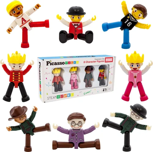 Vista 5 de PicassoTiles Figuras magnéticas + 100 azulejos magnéticos + 2 camiones de automóvil, juego de expansión de imán de acción de personajes de 8 piezas