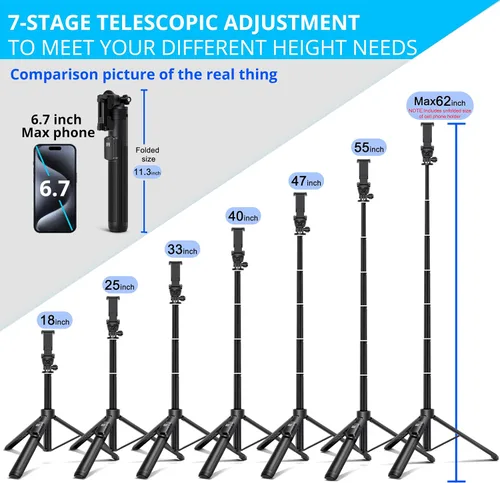 Vista 2 de BZE Trípode extensible para selfie de 62 pulgadas con control remoto inalámbrico y soporte para teléfono, soporte portátil de aleación de aluminio 3