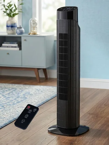 Vista 8 de Uthfy Ventilador de torre para dormitorio, ventilador oscilante de 120° con modo de sueño silencioso, 3 velocidades y 3 modos, temporizador 7.5H