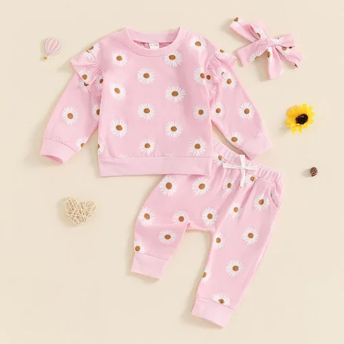 Vista 3 de Douhoow Conjunto de bebé niña con estampado de flores, sudadera con cordón y pantalones de otoño e invierno