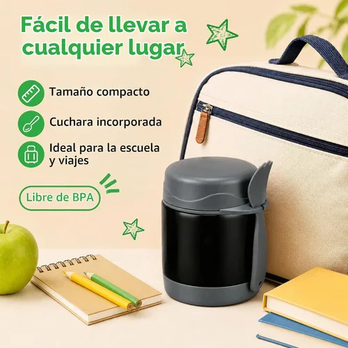 Vista 6 de Termo de sopa de 10 onzas para comida caliente para niños, tarro de comida aislado, contenedor térmico de almuerzo de comida caliente, caja de Negro