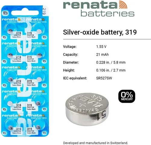 Vista 2 de Renata 319 SR527SW Baterías – 1.55 V Óxido de Plata 319 Batería de reloj (2 unidades)