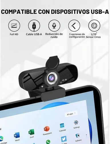 Vista 3 de Tewiky Cámara web Full HD con micrófono integrado y trípode giratorio, video 2K y cámara gran angular, cubierta de privacidad, para PC de escritorio