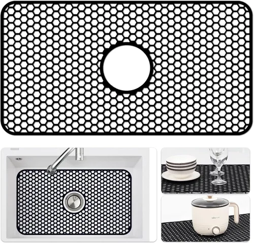 Vista 41 de Bestjing Paquete de 2 protectores de silicona para fregadero de cocina, accesorio de rejilla de cocina de 12 x 11 pulgadas, tapete antideslizante