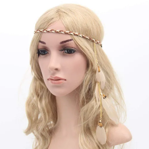 Vista 3 de Diadema de plumas hippie indio bohemio, bandas para el pelo con borlas, bohemias, para Halloween, para mujeres y niñas, corona para el pelo