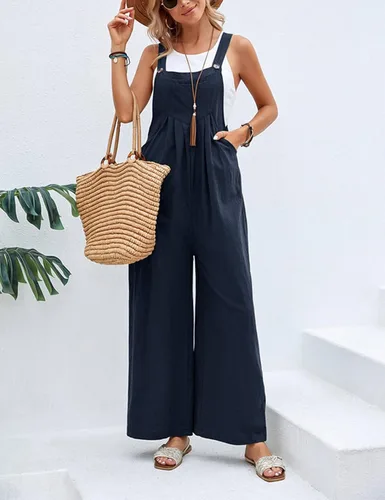 Vista 2 de Overol casual con pechera para mujer, de pierna ancha, tirantes delgados ajustables, con bolsillos