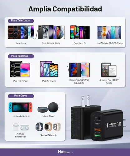 Vista 4 de Bloque de cargador USB C de 40 W, paquete de 2 ladrillos de carga rápida de 4 puertos tipo C, adaptador de enchufe de pared dual PD&QC, ladrillo