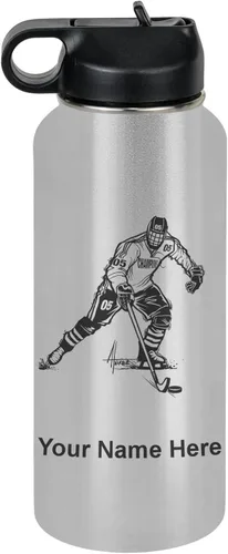 Vista 33 de LaserGram Botella de agua personalizada, jugador de hockey, acero inoxidable de doble pared aislada al vacío con popote superior, regalo grabado