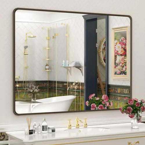 Vista 25 de OKPAL - Espejo de tocador de baño de 20x24 pulgadas con marco de metal cepillado en bronce, espejo de baño con marco de metal cepillado en bronce