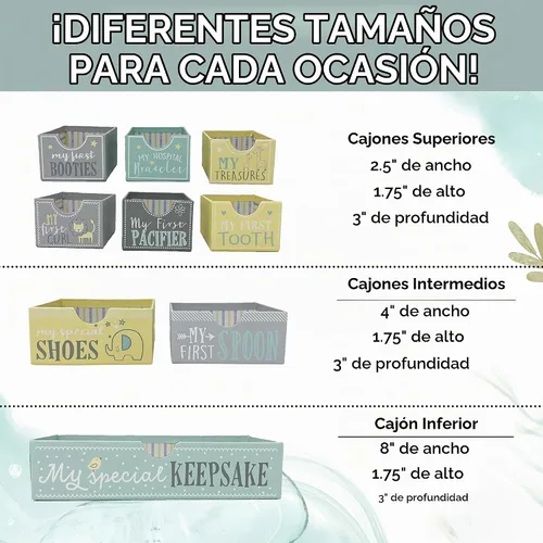 Vista 4 de Votum Caja de Recuerdos para Bebé para Memorias Preciadas, Luna y Estrellas - Ligera, Cajas para Bebé Hechas a Mano con 9 Compartimentos Etiquetados