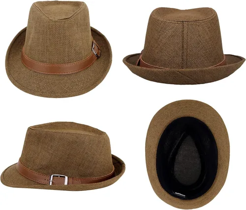 Vista 2 de Simplicity Sombrero de paja Trilby Fedora estilo Panamá con cinturón de cuero