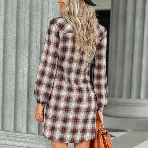 Vista 4 de Vestidos de verano para mujer, casual, con lazo en la cintura, manga larga, solapa, falda corta, a cuadros, vestidos casuales