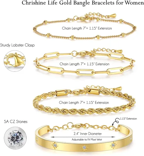 Vista 4 de Delicadas pulseras de oro para mujer, chapadas en oro de 18 quilates, ajustables, apilables, juego de pulseras de circonita cúbica en capas