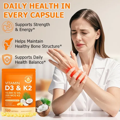 Vista 8 de Liefiet Vitamina D3 K2 10000 UI con 200 mg, cápsulas de vitamina D3 y K2, complejo de vitaminas D y K 2 en 1 con aceite de coco virgen, 120 cápsulas