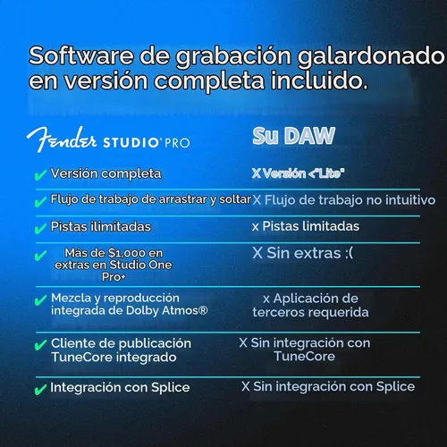 Vista 6 de Paquete completo de grabación Fender Quantum con interfaz USB Quantum LT2, micrófono, altavoces, auriculares y software de grabación. Paquete todo