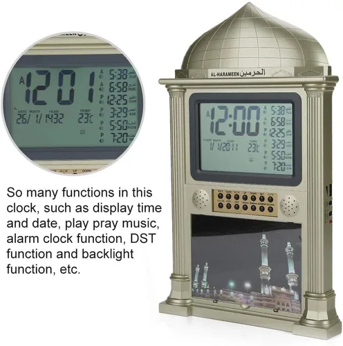Vista 4 de Reloj despertador islámico de alta calidad, reloj despertador automático de plástico musulmán Azan oración calendario digital con pantalla de hora