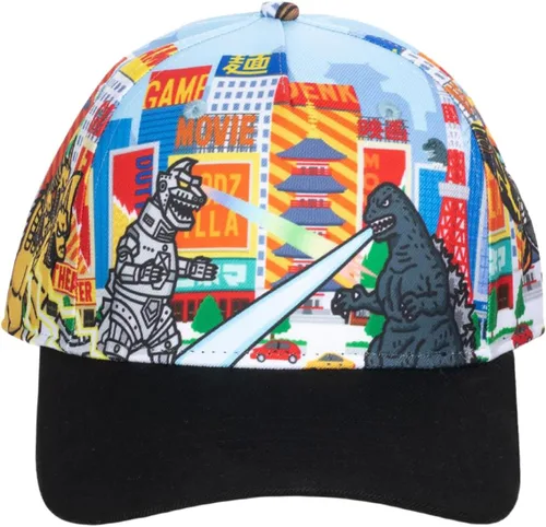 Vista 2 de Bioworld Godzilla Cityscape Monsters Cartoon All Over Print Snapback Sombrero para hombre, Verde tropical