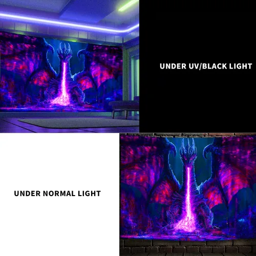 Vista 3 de ADDWel Tapiz de luz negra con dragón, tapiz genial de dragón malvado que brilla en la oscuridad, pósteres de luz negra reactivos a UV para colgar