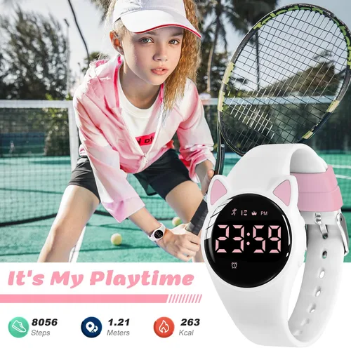 Vista 3 de Relojes digitales para niños y niñas, reloj deportivo con rastreador de fitness, podómetro, reloj despertador, cronómetro, no necesita aplicación