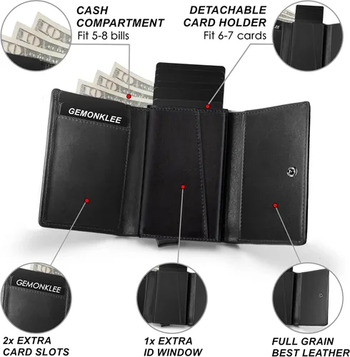 Vista 5 de Gemonklee Cartera emergente, tarjetero magnéticamente desmontable, cartera pequeña para hombre, cartera RFID con clip para dinero, cartera
