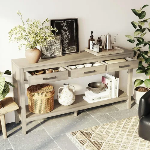 Vista 27 de Mesa consola de madera para sofá con 3 cajones y 3 cestas de almacenamiento, multifuncional de 47 pulgadas de largo, mesa de entrada, gabinete