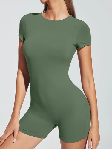 Vista 7 de AUTOMET Overol de entrenamiento para mujer, overol de yoga de una pieza, cuello alto, manga corta
