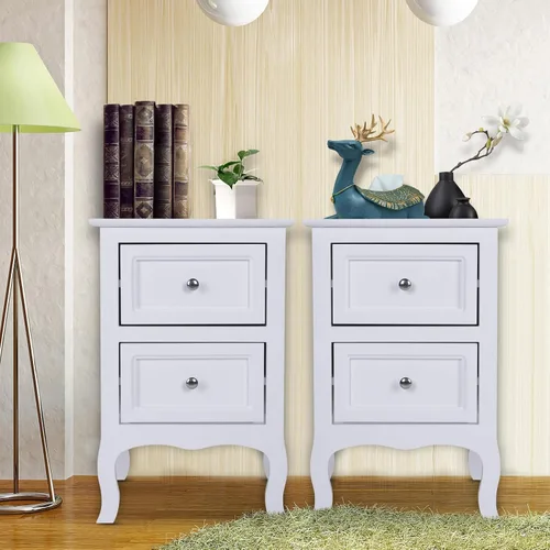 Vista 3 de Juego de 2 mesitas de noche blancas, mesitas de noche con cajón para sala de estar, dormitorio, mesita de noche para sala de estar, mesitas de noche