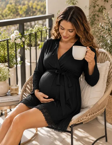 Vista 3 de SWOMOG Women's Maternity Nursing Robe Pregnancy Breastfeeding Bathrobes 3 in 1 Labor Delivery Nightgown Negro (Long Sleeve-Black)