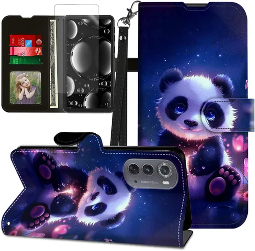 Vista 211 de Funda para Motorola Edge 2022 con protector de pantalla, soporte y tarjetero y correa para la muñeca, funda magnética para Moto Edge 2022 5G UW Lobo