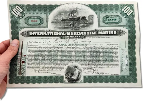 Vista 2 de Certificado de Acciones Coleccionables - Empresa que hizo el Titanic "Marina Mercantil Internacional" 1915-20