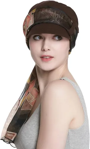Vista 10 de Alnorm Juego de gorro y pañuelo de algodón transpirable para quimioterapia para mujeres Negro Rosado