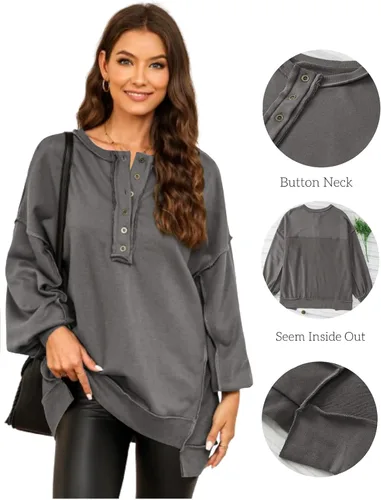 Vista 46 de AlvaQ - Sudadera de gran tamaño para mujer, informal, de manga larga, con botones y cuello Henley, tipo túnica