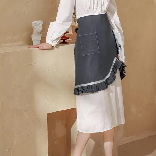 Vista 4 de Delantal retro para mujer, con volantes, estilo vintage, con bolsillo, para chef, cafetería, camarero, cocina, cocina