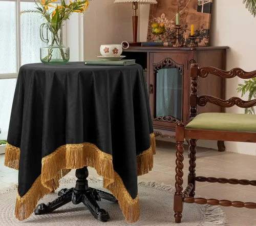 Vista 36 de F-CHU - Funda de terciopelo negro de lujo para mesita de noche con flecos dorados, mantel decorativo para mesita de noche, a prueba de polvo