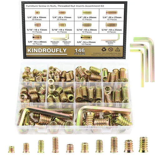 Vista 18 de Juego de 142 piezas: Insertos roscados de 1/4"-20 (10mm, 15mm, 20mm, 25mm), tuercas e insertos de madera para tornillos de muebles de madera, azul