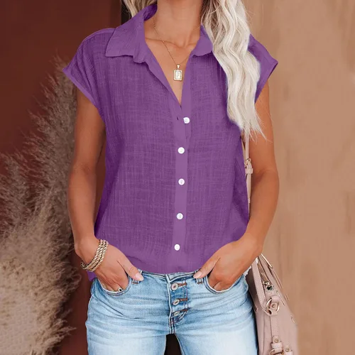 Vista 2 de amidoa Linen Shirts for Women Casual Cap Sleeve Collared Summer Shirts Solid Color Loose Baggy Button Down Shirts for Work