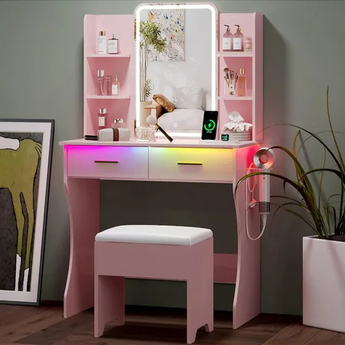 Vista 9 de HUANLEGO Pequeño escritorio rosa con espejo y luces para mujeres y niñas