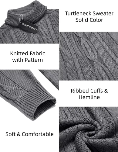Vista 6 de COOFANDY Suéter de cuello alto ajustado para hombre, suéter de punto trenzado cálido casual