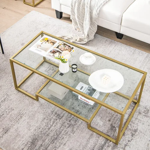 Vista 2 de Tangkula Mesa auxiliar rectangular de vidrio, mesa central de vidrio templado moderna de 45 pulgadas de ancho con marco de acero dorado, mesa