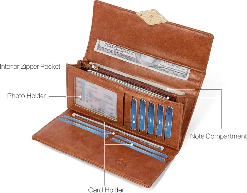 Vista 4 de Cartera de cuero suave para mujer con tres pliegues y organizador de tarjetas