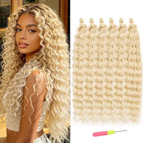 Vista 24 de Extensiones de cabello ondulado con ganchillo Ocean Wave de 18 pulgadas, 6 paquetes, extensiones de cabello de ganchillo sueltas de onda profunda #1B