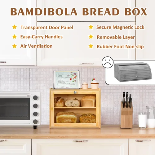 Vista 3 de Caja de pan para encimera de cocina, contenedor de pan grande de doble capa con puerta transparente, almacenamiento de pan y uso múltiple, etc