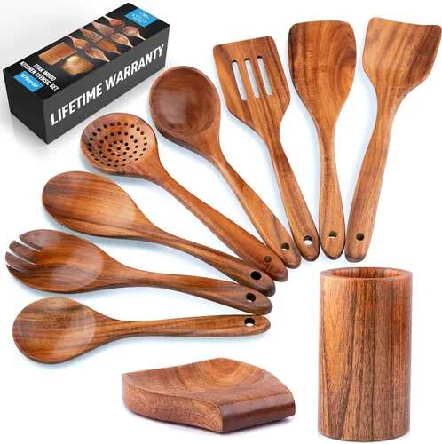 Vista 19 de Zulay Kitchen Juego de 5 cucharas de madera extragrandes - Utensilios de cocina de teca lisa - Cucharón, espátula, espumadera, tenedor, cuchara