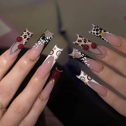 Vista 16 de MISUD - Uñas postizas largas cuadradas con pegamento de Rojo Gótico y Negro, diseño cruzado gótico Y2K acrílico, 24 piezas 020A00Rojo y Negro
